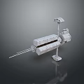 3D Rendered Metallic Mechanical Device With Elongated Parts And Support Stand Structure