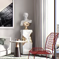 Modern Living Room Sofa and Coffee Table Set with Gray Upholstery Artwork Red Accent Chair