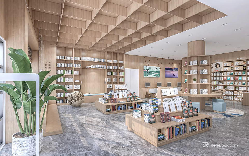 Wooden Bookstore Interior With Bookshelves And Green Plants 3d model 