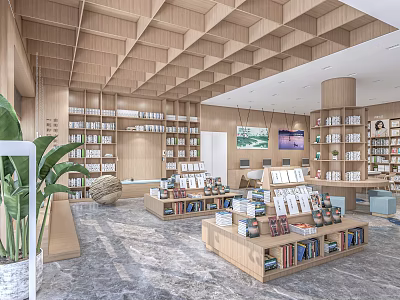 Wooden Bookstore Interior With Bookshelves And Green Plants 3d model