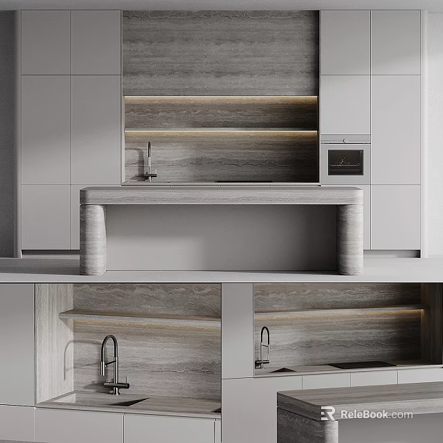 Modern Kitchen Cabinets In Minimalist Interior With Island And Lighting 3d model 