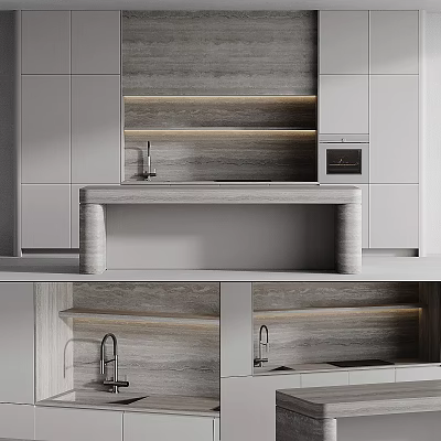 Modern Kitchen Cabinets In Minimalist Interior With Island And Lighting 3d model