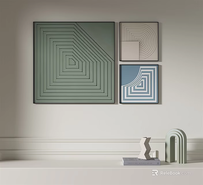 Abstract Geometric Wall Art with Layered Patterns and Decorative Objects on White Wall 3d model