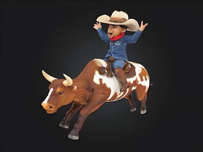 Toy Cowboy Boy Figure Riding Brown White Bull With Arms Outstretched 3d model