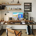 Modern Home Office Desk Setup With Computer Monitor Bookshelf Task Lamp and Decorative Items