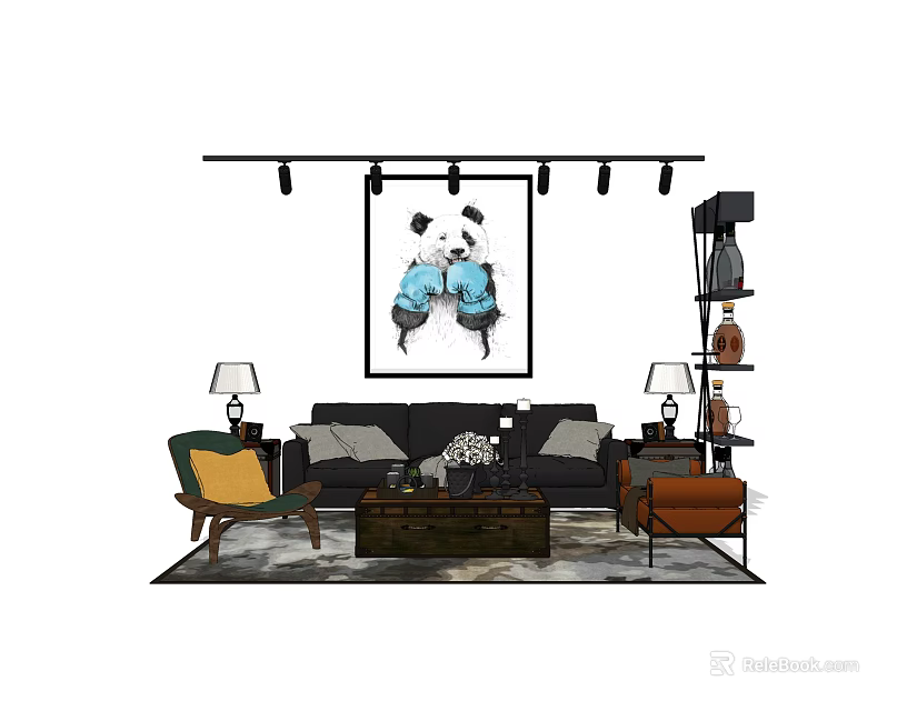 Modern Living Room Sofa And Coffee Table Set With Accent Chairs And Wall Art 3d model 
