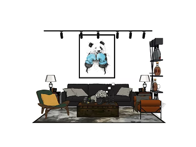 Modern Living Room Sofa And Coffee Table Set With Accent Chairs And Wall Art 3d model