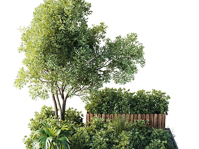 Vibrant Green Shrubs With Tall Trees And Wooden Fence In Lush Garden Landscape 3d model