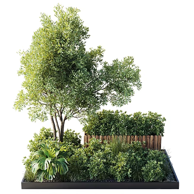 Vibrant Green Shrubs With Tall Trees And Wooden Fence In Lush Garden Landscape 3d model