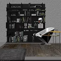 Modern Black Bookcase Interior With Books White Chair And Side Table On Rug