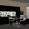 Modern Restaurant Interior With Open Kitchen Wooden Cabinets And Marble Backsplash 3d model