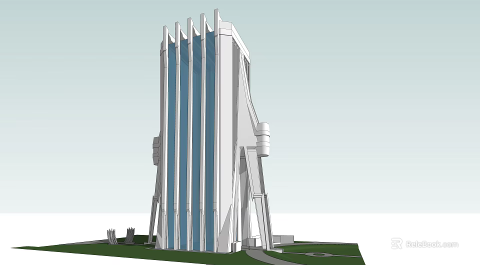 Ancient Architecture Tower With Blue Vertical Stripes White Structure And Green Lawn Pathway 3d model