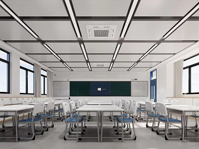 School Classroom Interior With White Tables Blue Chairs Blackboard Windows And Ceiling Lights 3d model