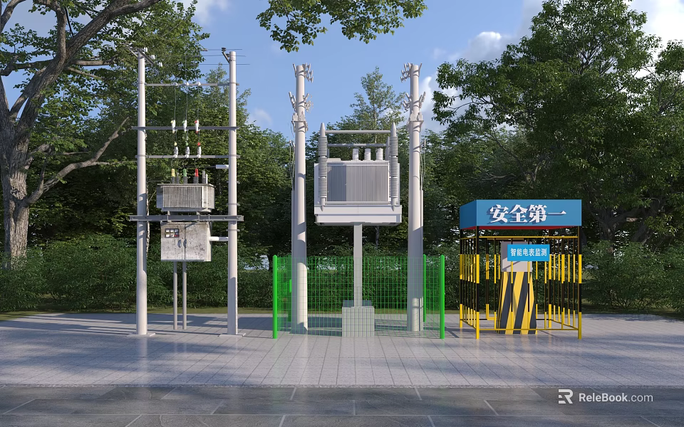 Industrial Electrical Equipment Installation In Outdoor Area With Safety Signage 3d model 
