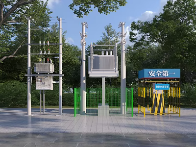Industrial Electrical Equipment Installation In Outdoor Area With Safety Signage 3d model