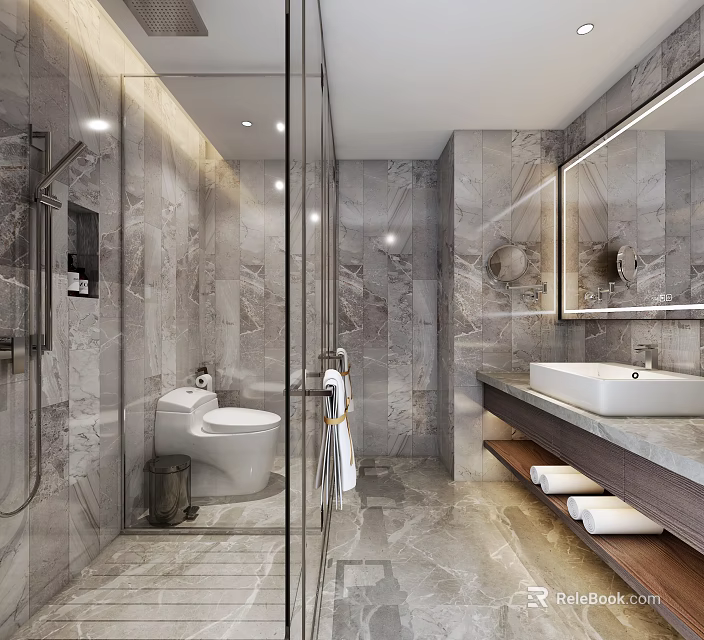 Luxury Modern Marble Bathroom With Glass Shower Enclosure And Backlit Mirror Vanity Design 3d model 