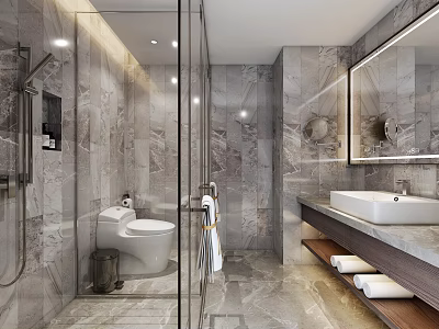 Luxury Modern Marble Bathroom With Glass Shower Enclosure And Backlit Mirror Vanity Design 3d model