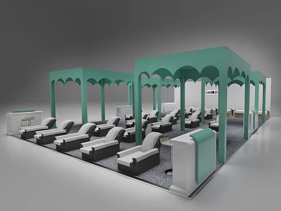 Modern Relaxation Lounge With Teal Arched Structures Reclining Chairs And White Flooring 3d model