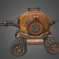 Rusty Orange Armored Mechanical Robot With Large Cannon And Wheels 3d model