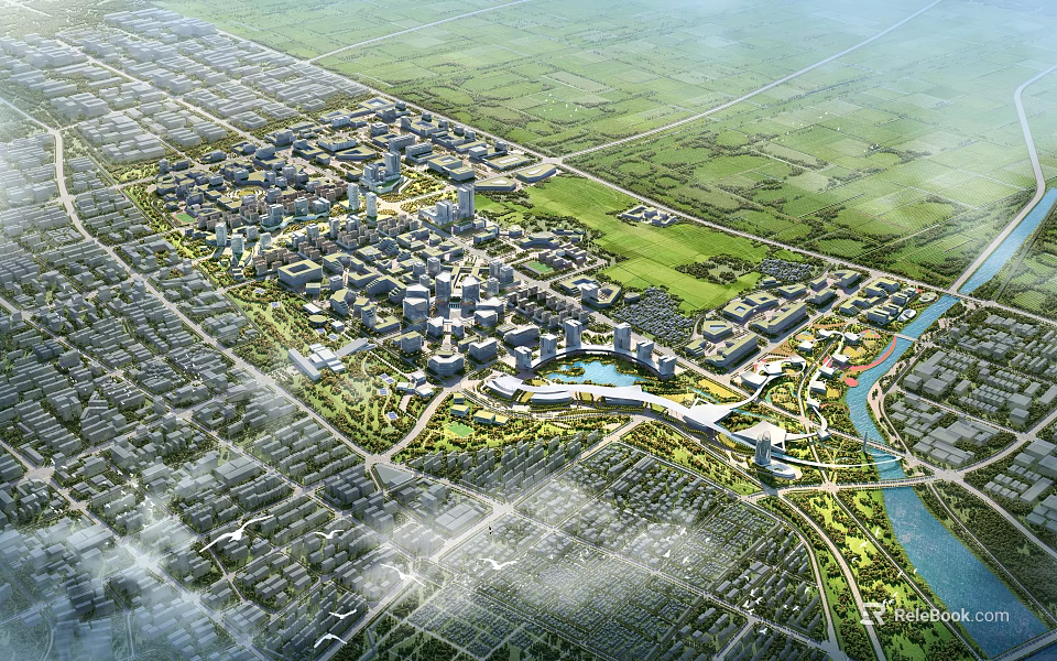 Aerial Planning of Urban City Layout With Green Spaces And River 3d model 