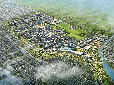 Aerial Planning of Urban City Layout With Green Spaces And River 3d model