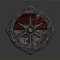 Medieval Bloodstained Shield With Red White Wooden Surface Star Shaped Metal Riveted Frame