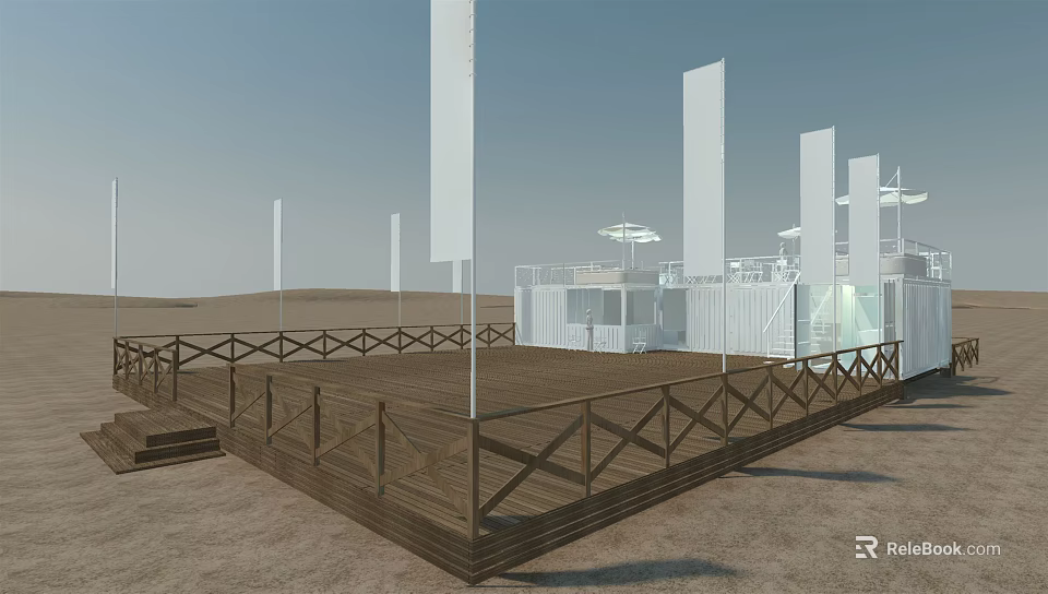 Modern Container Building Structure with Wooden Platform and White Flagpoles in Sandy Area 3d model 