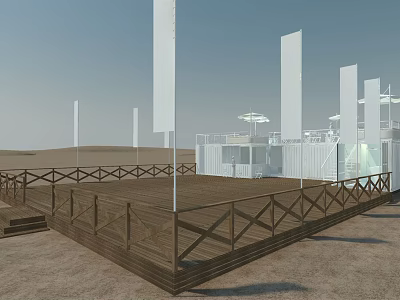 Modern Container Building Structure with Wooden Platform and White Flagpoles in Sandy Area 3d model