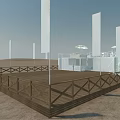 Modern Container Building Structure with Wooden Platform and White Flagpoles in Sandy Area