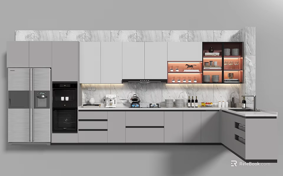 Modern Kitchen With Gray Cabinets Marble Backsplash And Cookware Including Coffee Maker Oven And Dishes 3d model 