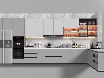 Modern Kitchen With Gray Cabinets Marble Backsplash And Cookware Including Coffee Maker Oven And Dishes 3d model