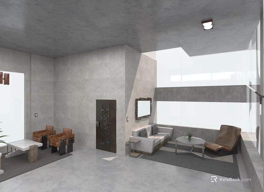 Modern Living And Dining Area With Gray Concrete Walls Sofa And Seating Design 3d model 
