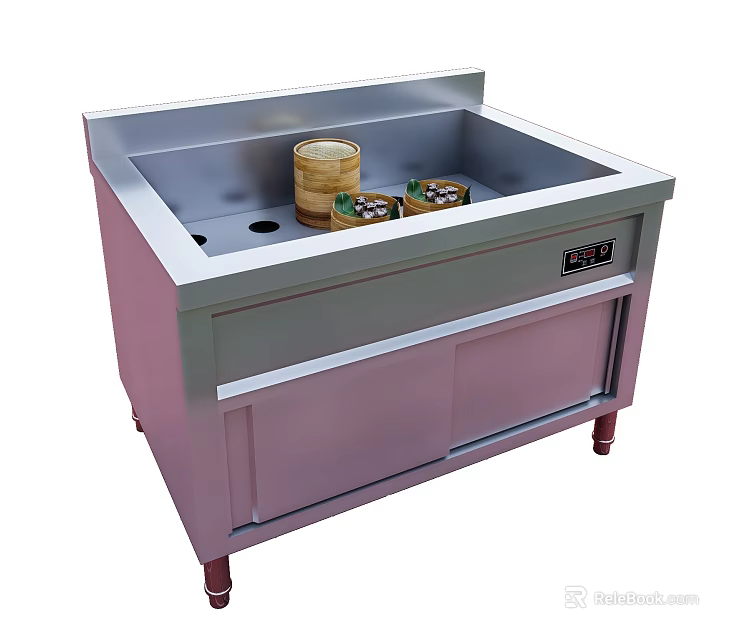 Stainless Steel Open Kitchen Station With Double Sink Steamer Baskets And Storage Cabinets 3d model 