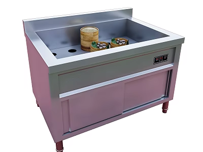 Stainless Steel Open Kitchen Station With Double Sink Steamer Baskets And Storage Cabinets 3d model