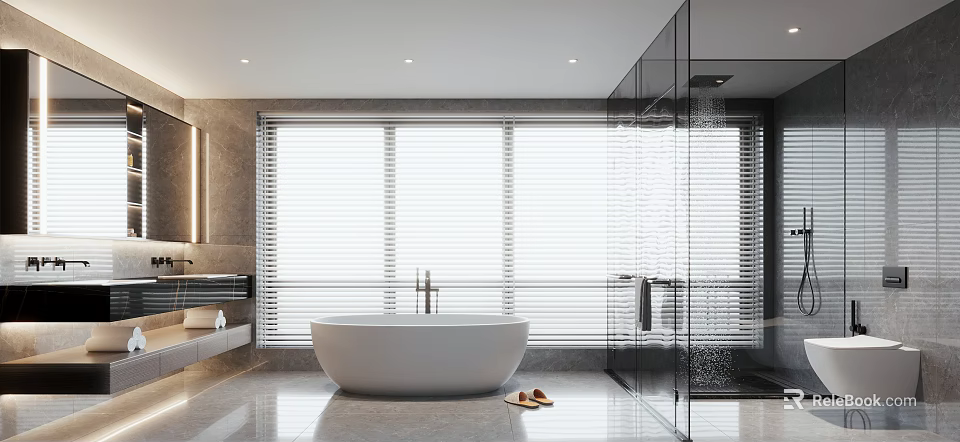 Modern Bathroom Interior Design With Freestanding Bathtub Large Windows Blinds And Glass Shower Enclosure 3d model 