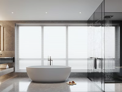 Modern Bathroom Interior Design With Freestanding Bathtub Large Windows Blinds And Glass Shower Enclosure 3d model