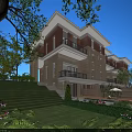 Spacious Modern Townhouse Exterior with Green Lawn Trees and Terrace