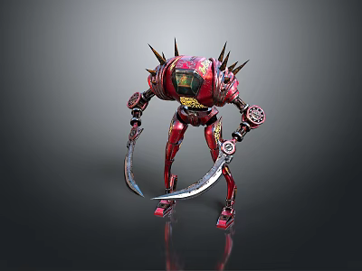 Red Armored Robot Game Movie Character With Spikes Golden Decorations And Two Scimitars 3d model