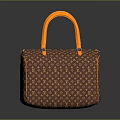 Stylish Brown Fashion Handbag With Orange Handles And Signature Pattern Design