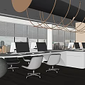 Modern Public Office Space With Open Layout Desks Computers Pendant Lights And City View