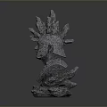 Stone Bust Sculpture With Intricate Headpiece And Textured Base Design