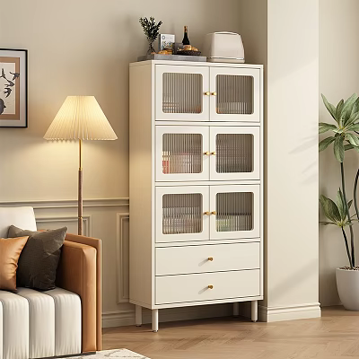 White Sideboard Cabinet With Glass Doors Gold Handles And Drawers In Modern Living Room Interior 3d model
