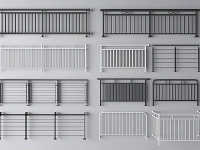 Various Metal Fence Designs With Black White Rails And Multiple Structural Details 3d model