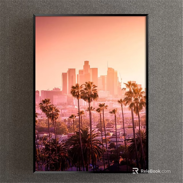 Landscape Painting Of Sunset City Skyline With Palm Trees And Pink Sky 3d model 