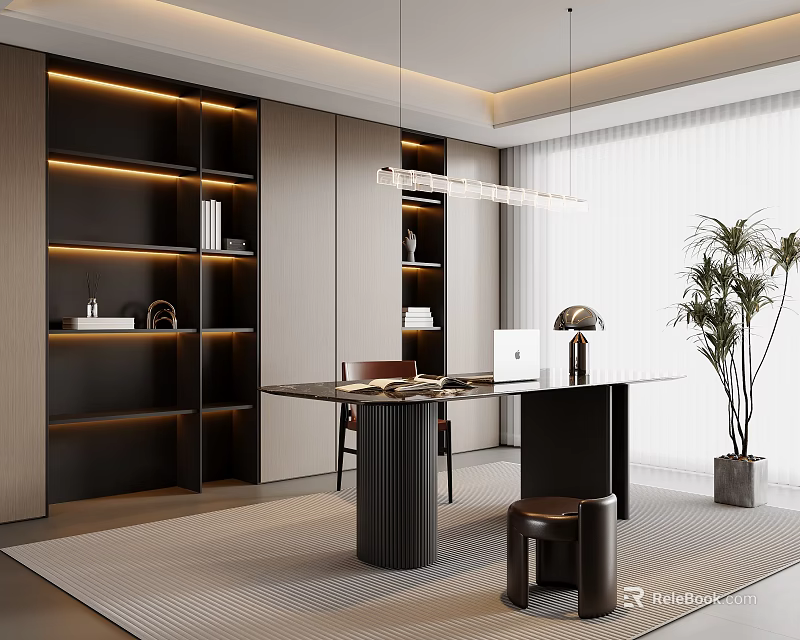 Modern Study Room Interior With Dark Shelves Laptop Pendant Light And Rug 3d model 
