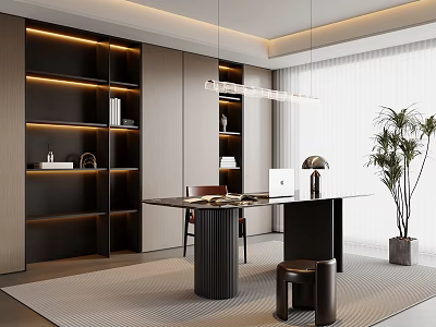 Modern Study Room Interior With Dark Shelves Laptop Pendant Light And Rug 3d model