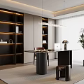 Modern Study Room Interior With Dark Shelves Laptop Pendant Light And Rug
