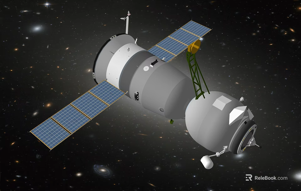 Cartoon Space Satellite With Solar Panels And Antenna In Starry Galaxy Background 3d model 