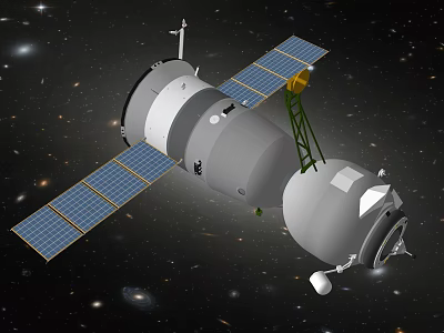 Cartoon Space Satellite With Solar Panels And Antenna In Starry Galaxy Background 3d model