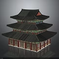 Traditional Three story Architectural Building With Black Roof Red Pillars And Green Decorations